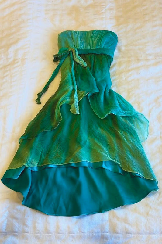 amakanas-Forest Style Gradient Green Strapless Tie-Waist Gown, Irregular Layered Flowy Mesh Evening & Party Dress gh5997