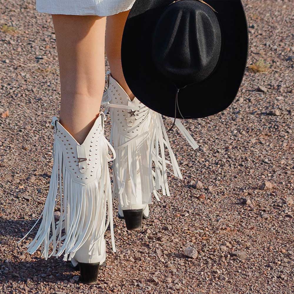 White Vegan Leather Pointed Toe Fringe Knee-High Heel Cowgirl Boots