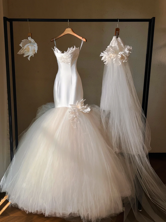 Gorgeous Satin Applique Strapless Mermaid Tulle Hem Wedding Dress TP5033