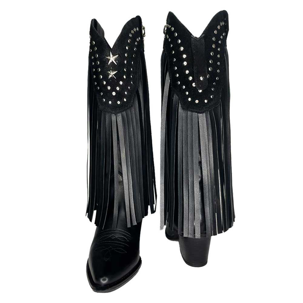 Vegan Leather Pointed Fringe Knee-High Heel Cowgirl Boots in Black