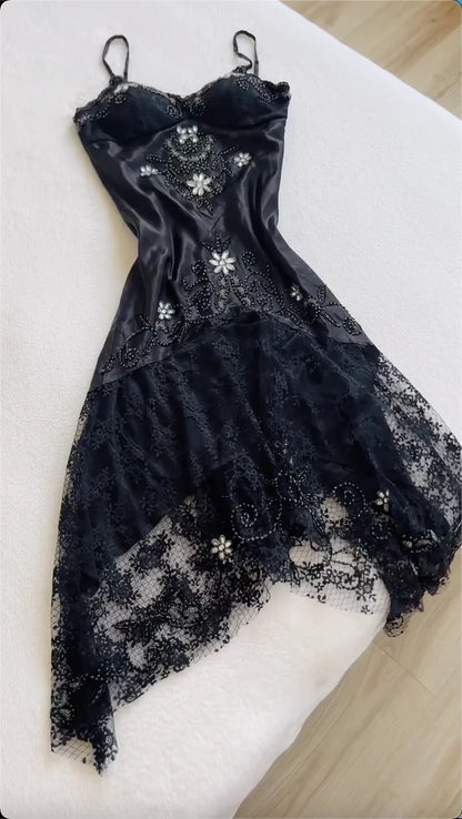 Gorgeous A Line Spaghetti Strap Beaded Black Lace Satin Short Homecoming Dress SH2300