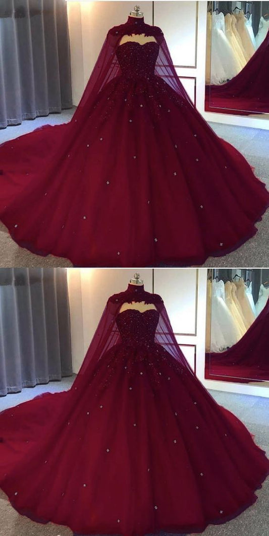 Burgundy Ball Gown Wedding Dress tulle Prom Dresses     fg2871