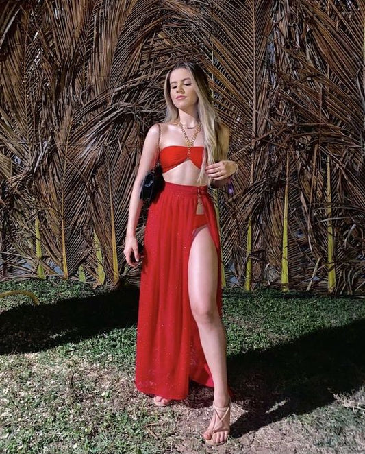 Elegant Two Piece Red Prom Dress Long Evening Dress    fg2648