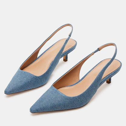 Blue Denim Kitten Heel Slip-On Slingback Pumps with Pointed Toe
