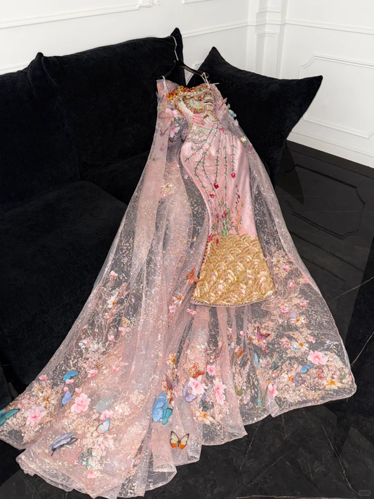 Sparkling Pink Beaded Sequined Design Elegant Mermaid Prom Dress Evening Dress TP4213