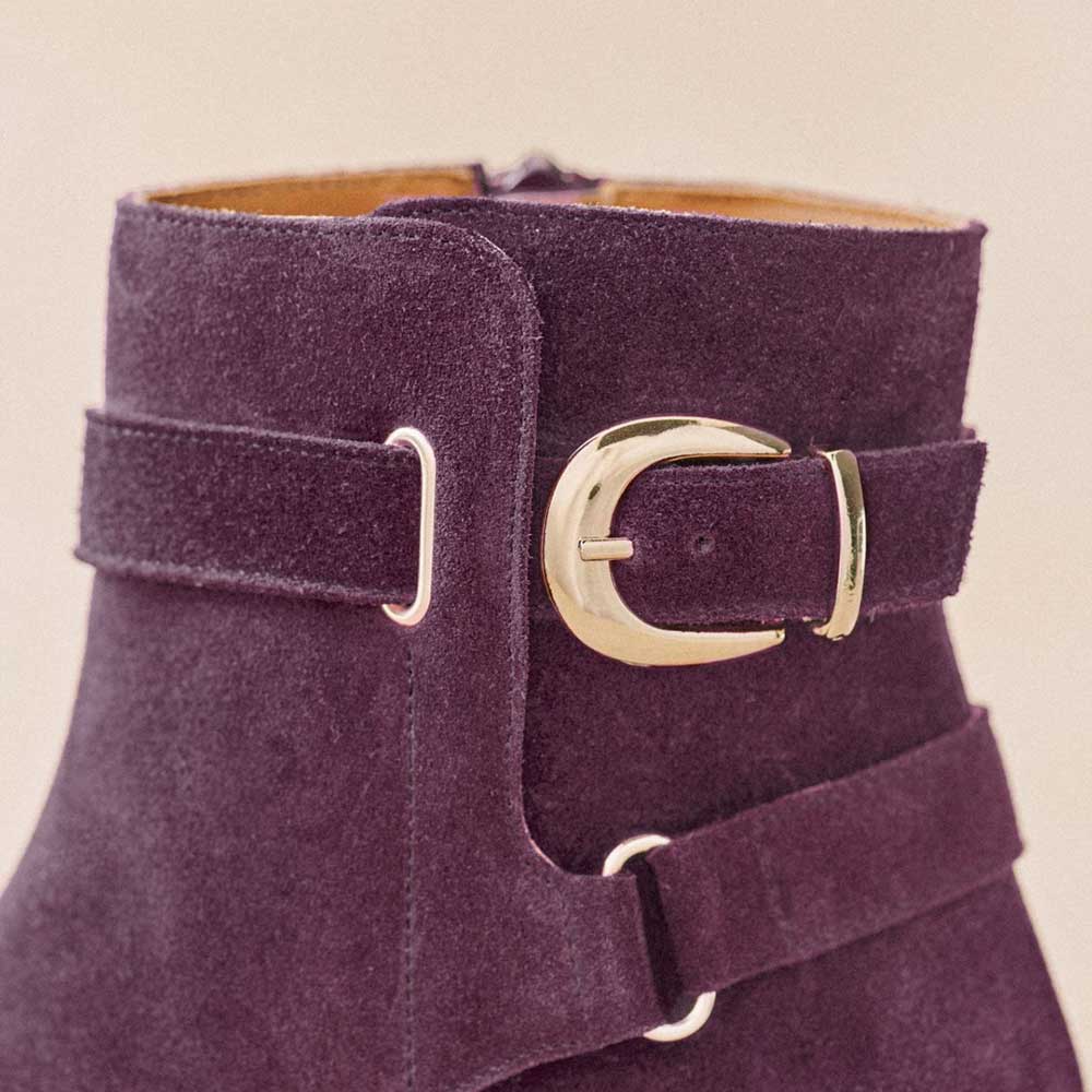 Purple Square Toe Chunky Heel Elegant Buckled Strappy Ankle Boots