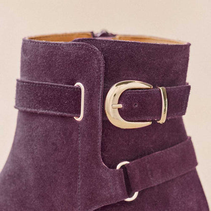 Purple Square Toe Chunky Heel Elegant Buckled Strappy Ankle Boots