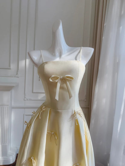 Sweet Light Yellow A-line Spaghetti Strap Bow Satin Long Prom Dress Evening Dress Bridesmaid Dress P4050