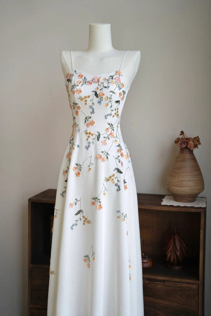 amakanas- Vintage Beige Floral Spaghetti Strap Long Forest-Style Evening Gown gh6038