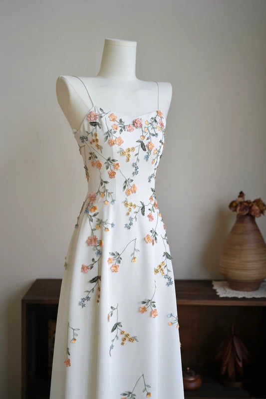 amakanas- Vintage Beige Floral Spaghetti Strap Long Forest-Style Evening Gown gh6038