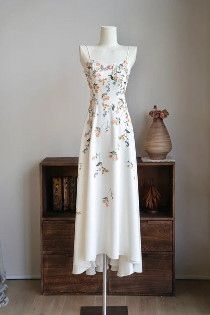 amakanas- Vintage Beige Floral Spaghetti Strap Long Forest-Style Evening Gown gh6038