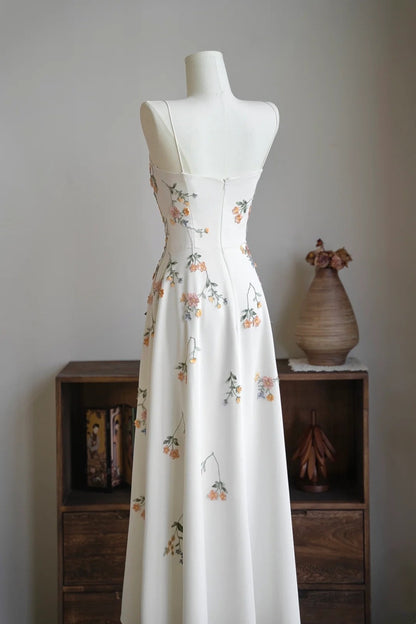 amakanas- Vintage Beige Floral Spaghetti Strap Long Forest-Style Evening Gown gh6038