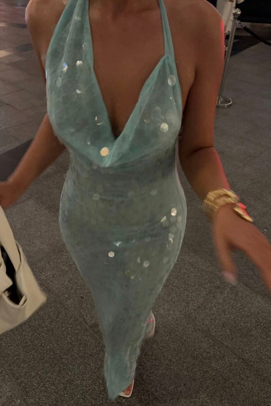 amakanas-Blue Sequined Long Tulle Prom Dress gh5968