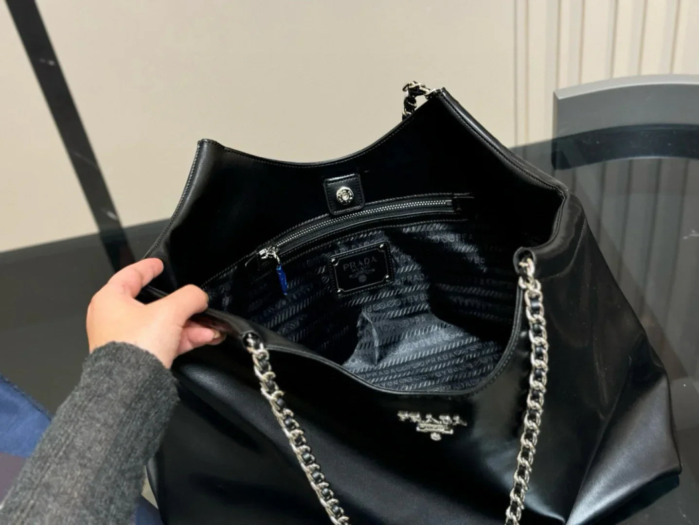 Prada Double Chain Black Shoppping Tote Bag 39x30cm