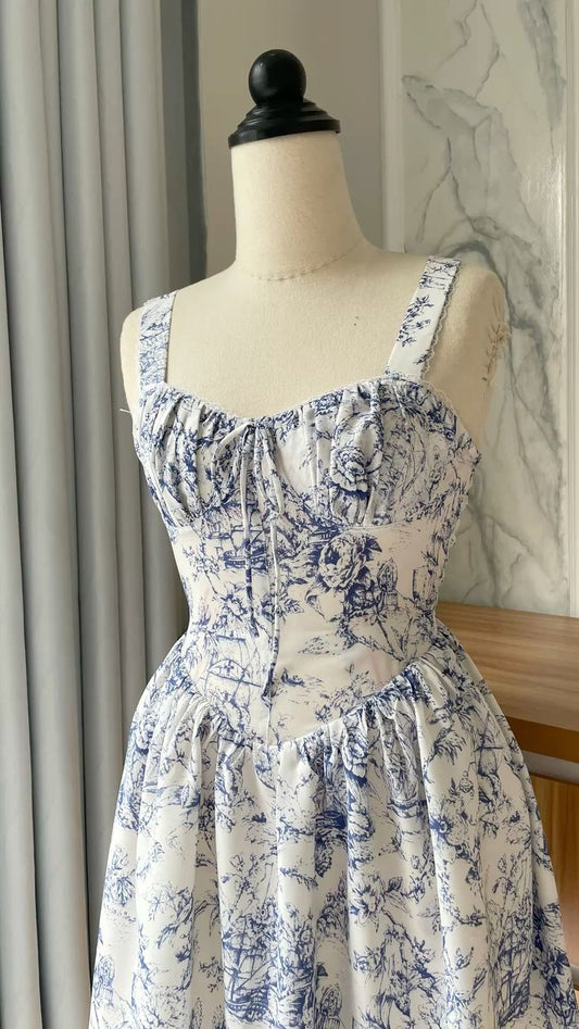 amakanas-- Blue floral elegant short chiffon homecoming dress for women girls garden party dress blue and white porcelain gh5718