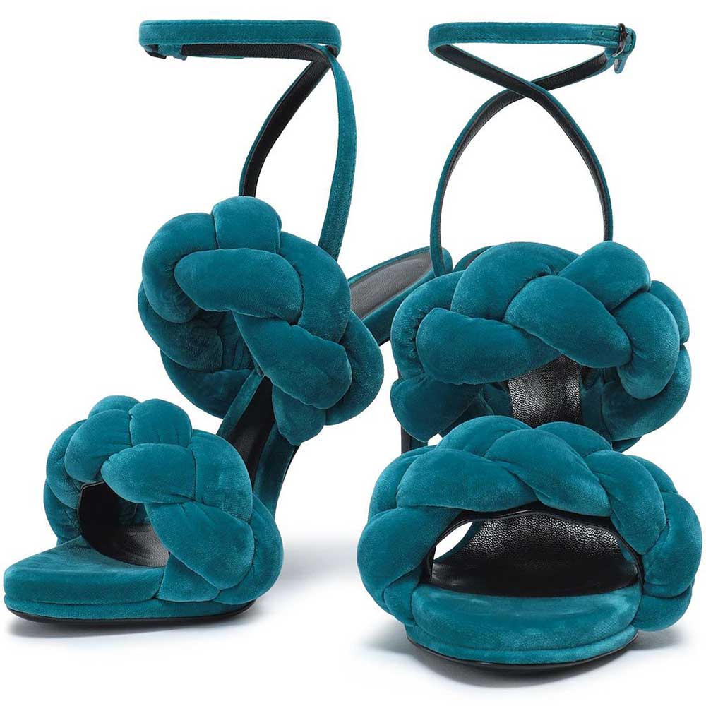 Teal Velvet Open Toe Braided Strap Buckle Stiletto Heeled Sandals
