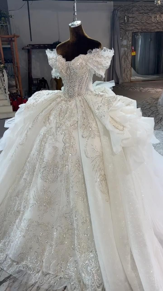Glamorous Off-Shoulder Sparkling Beaded Ruffled Lace & Dramatic Train Wedding Dress TP5320