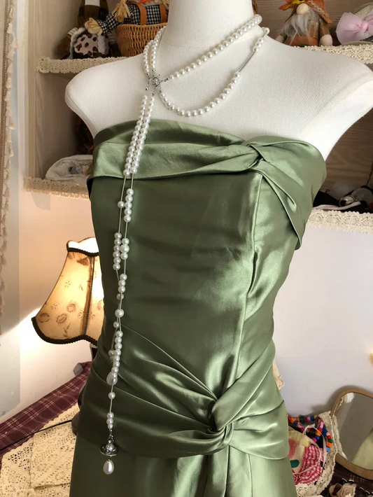 Strapless Green Satin Long Prom Dress Vintage Birthday Party Dresses