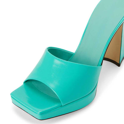 Fashion Turquoise Square Toe Flared Heel Platform Mules for Women