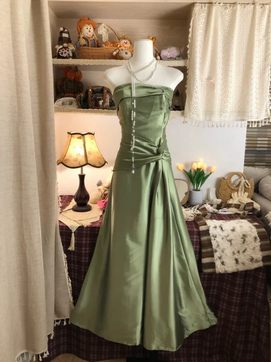 Strapless Green Satin Long Prom Dress Vintage Birthday Party Dresses