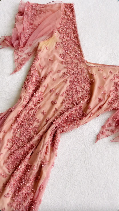 Vintage Pink Chiffon Sequin Prom Dress Sheath Off-the-shoulder Evening Dress Long Formal Dress TP4690