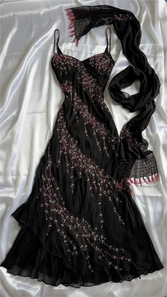 amakanas-Black Beaded Sling Gown with Matching Silk Scarf, Irregular Hem Evening & Party Dress gh6000