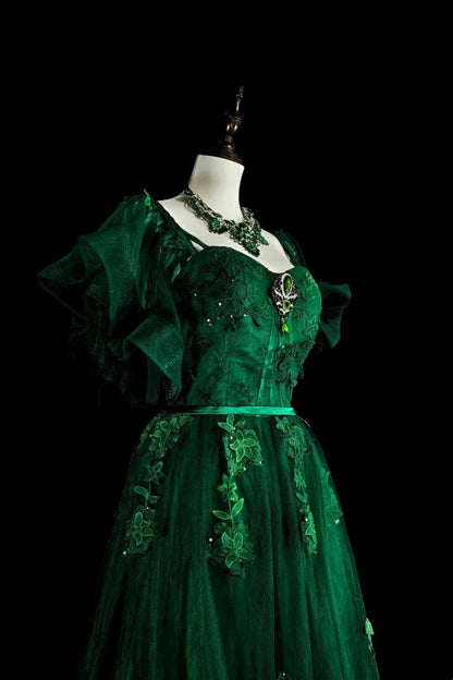 amakanas-Green vintage-style delicate floral short-sleeved long tulle ball gown gh6133