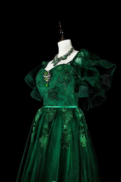 amakanas-Green vintage-style delicate floral short-sleeved long tulle ball gown gh6133