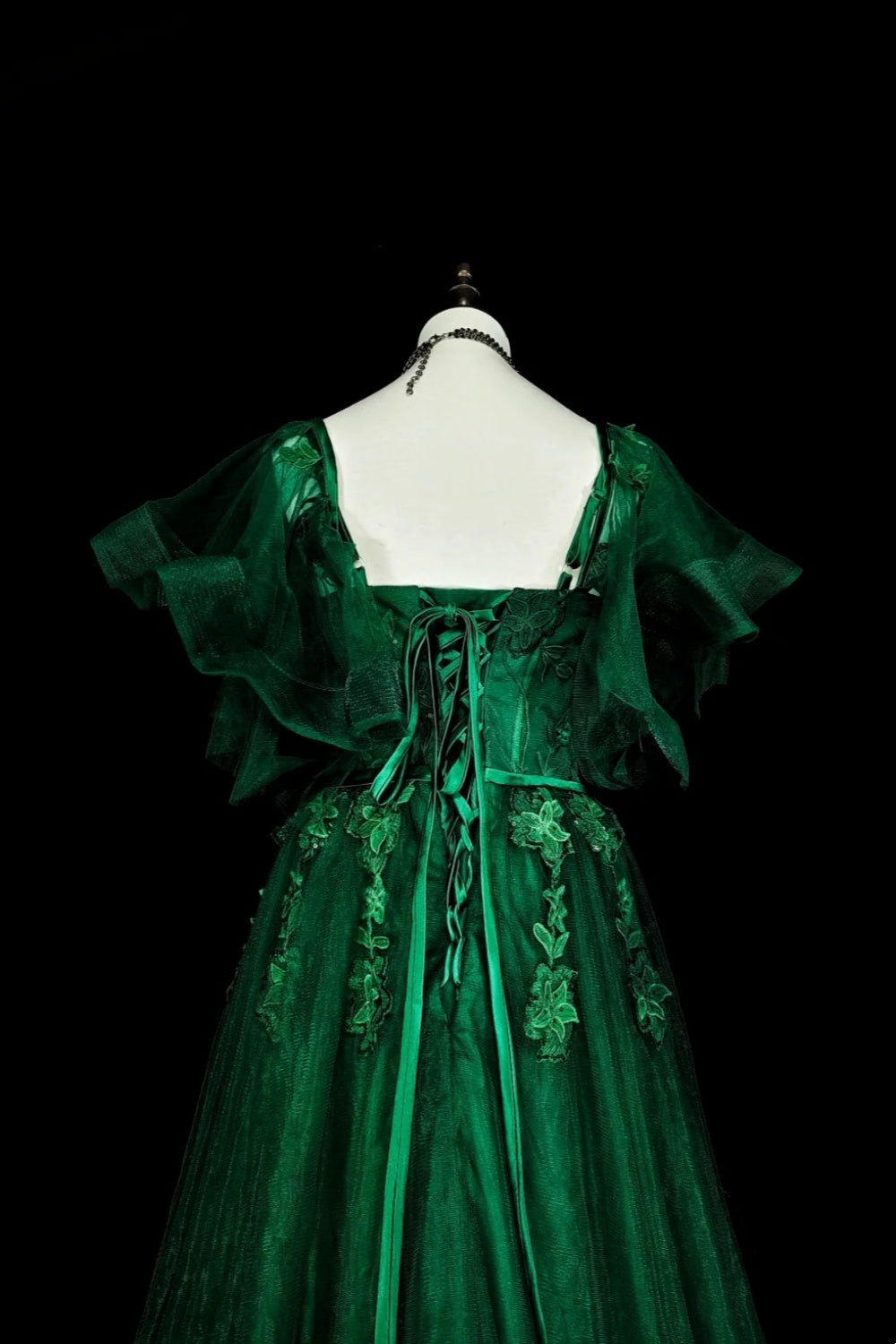 amakanas-Green vintage-style delicate floral short-sleeved long tulle ball gown gh6133