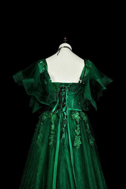 amakanas-Green vintage-style delicate floral short-sleeved long tulle ball gown gh6133