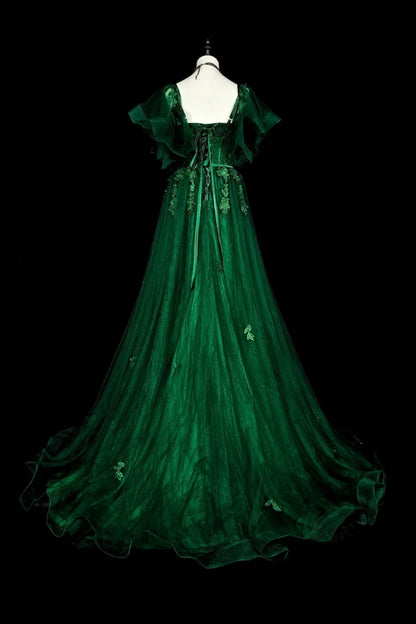 amakanas-Green vintage-style delicate floral short-sleeved long tulle ball gown gh6133