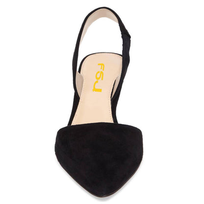 Classic Vegan Suede Closed Toe Slingback Heels Black Pumps for Women