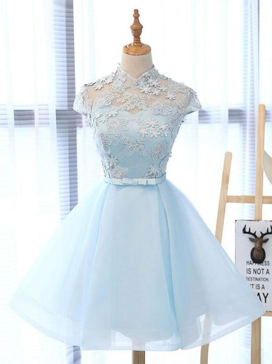 Blue tulle lace short prom dress, blue tulle lace homecoming dress