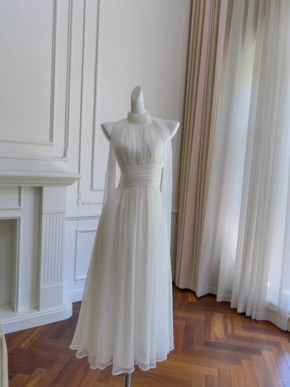 Elegant White A-line Halter Neck Ribbon Chiffon Long Prom Dress Evening Dress Bridesmaid Dress P4057