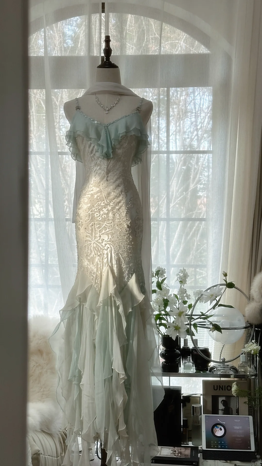 Elegant Mermaid Sparkling Beaded Spaghetti Strap Romantic Chiffon Evening Dress Prom Dresses TP3981