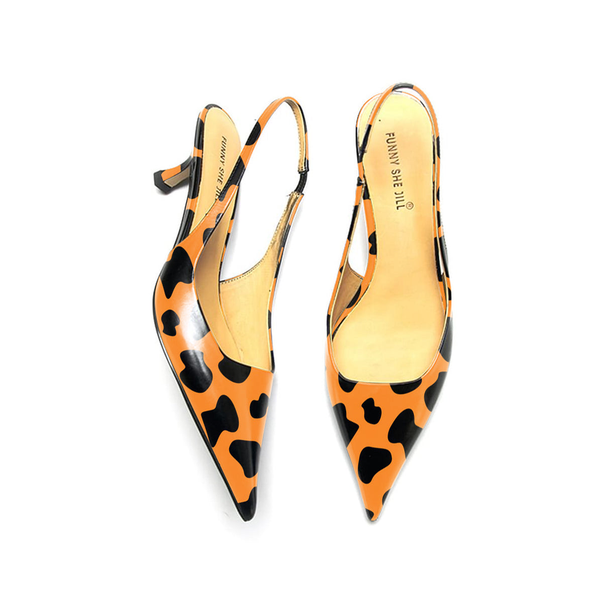 Orange Leopard Print Pointed Toe Slingback Kitten Heel Pumps Shoes
