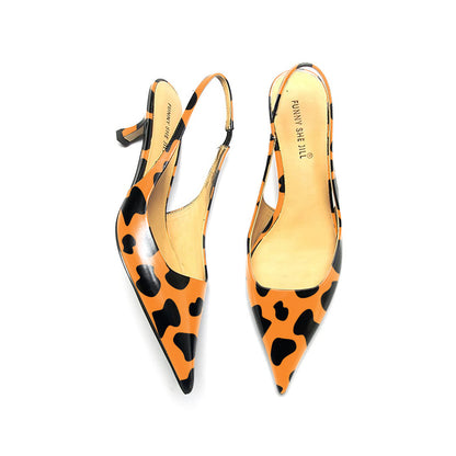 Orange Leopard Print Pointed Toe Slingback Kitten Heel Pumps Shoes