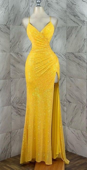 Yellow shiny fashion long sequin sexy slit prom dress evening gown party dress gh3290
