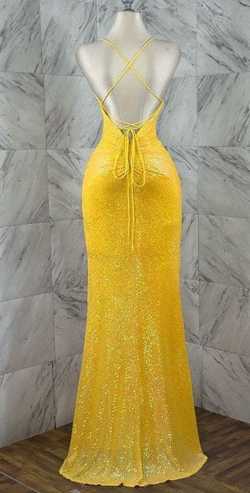 Yellow shiny fashion long sequin sexy slit prom dress evening gown party dress gh3290
