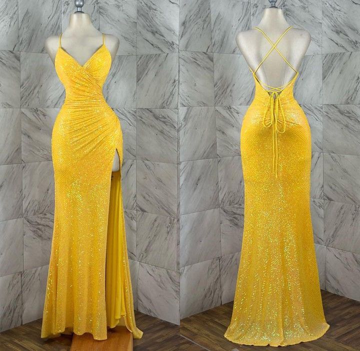 Yellow shiny fashion long sequin sexy slit prom dress evening gown party dress gh3290
