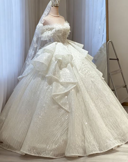 Gorgeous Off-Shoulder Sequins Ruffled Tulle Wedding Dress Sparkling Fairytale Bridal Gown TP5074