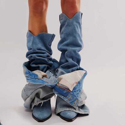 Blue Denim Pointed Toe Chunky Heel Over-the-Knee Slouch Boots