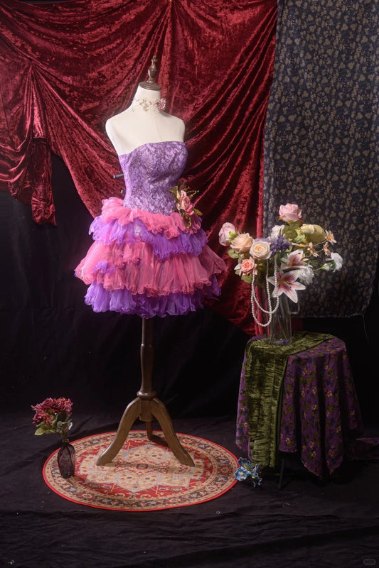 Purple Pink Sweet Lace Homecoming Dress Vintage Prom Dress Birthday Dress gh4541