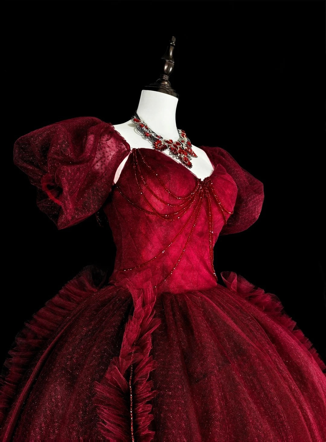 amakanas-Burgundy Retro Sparkling Short-Sleeved Long Tulle Ball Gown gh6134