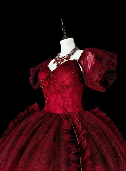 amakanas-Burgundy Retro Sparkling Short-Sleeved Long Tulle Ball Gown gh6134