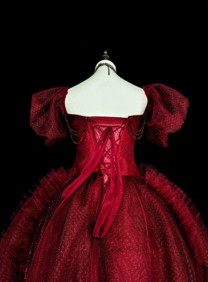 amakanas-Burgundy Retro Sparkling Short-Sleeved Long Tulle Ball Gown gh6134