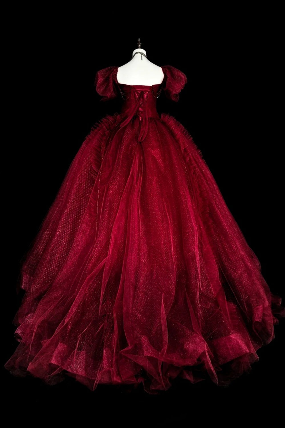 amakanas-Burgundy Retro Sparkling Short-Sleeved Long Tulle Ball Gown gh6134