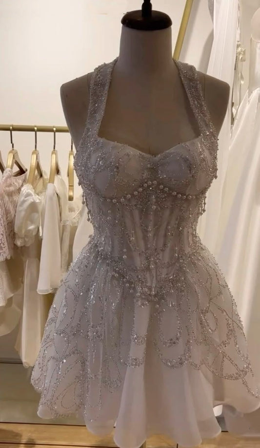 amakanas-White gorgeous beaded short tulle homecoming dress birthday party dress gh5327