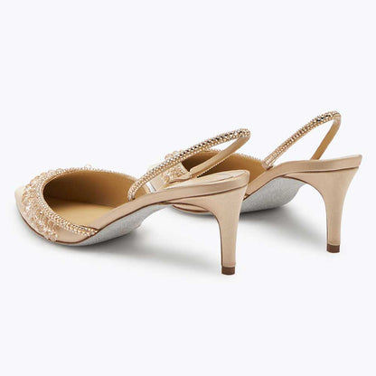 Gold Satin Pointed Toe Rhinestone Embellished Kitten Heeled Pumps