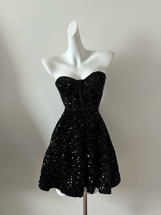 Black Shiny Fashion Short Mini Sequin Homecoming Dress Birthday Party Dress gh3798